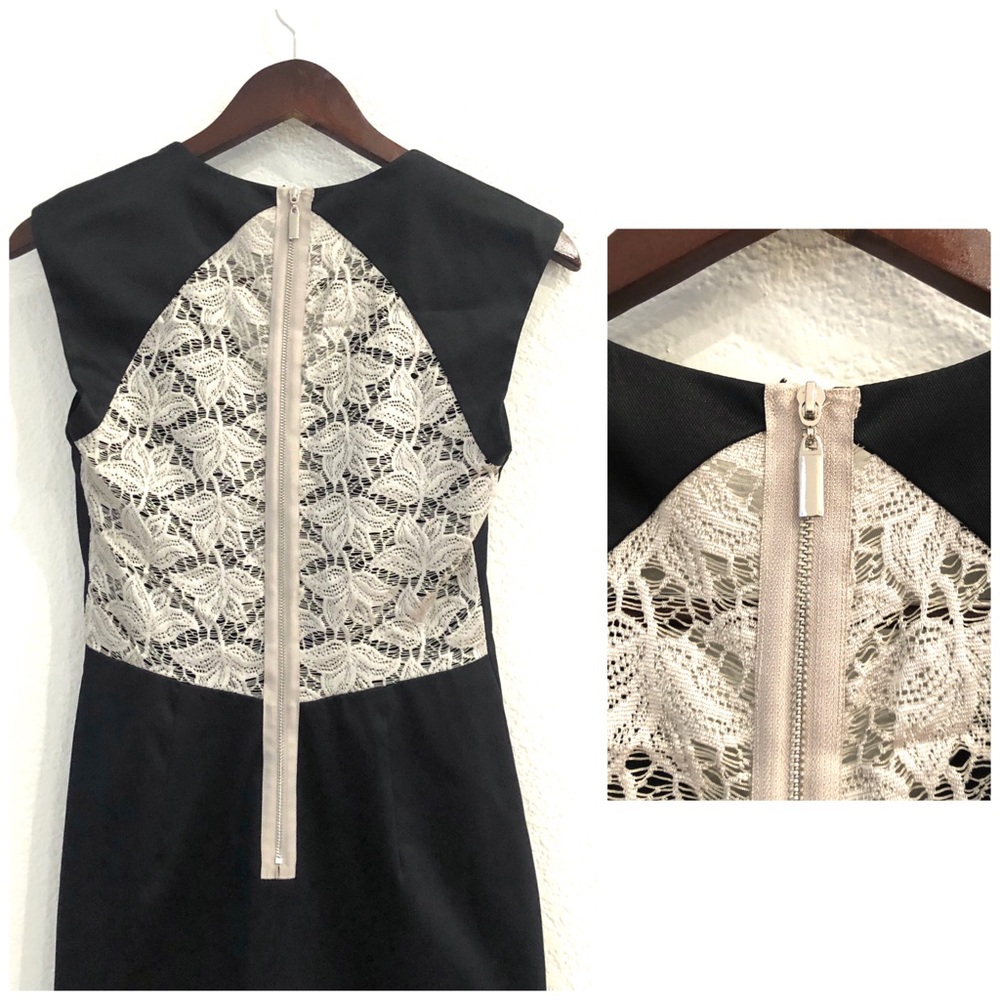 Black Halo Contrast Lace Inset Satin Sheath Dress - Picture 10 of 11